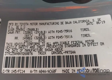 2019 Toyota Tacoma Sr5 V6 z USA, uszkodzony, nr VIN 3TMCZ5AN8KM268076